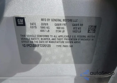 2015 Chevrolet Cruze 1Lt Auto from USA, damaged, VIN 1G1PC5SB6F7226120